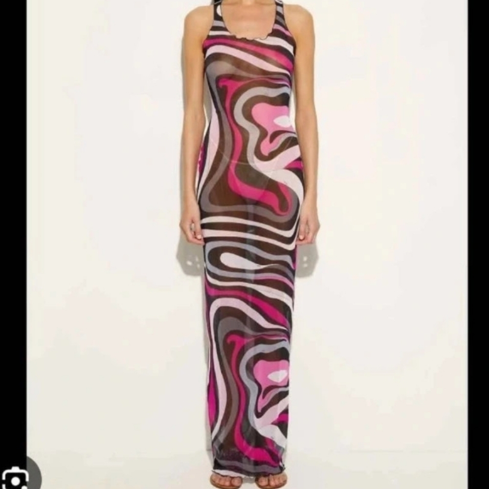 Stylish Pink and Brown Swirl Maxi Dress